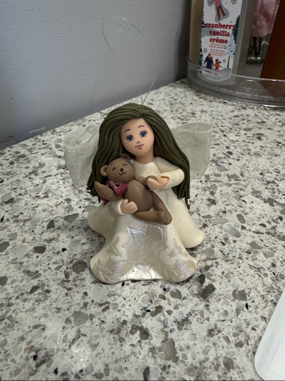 Cream Angel Ornament with Brown Teddy